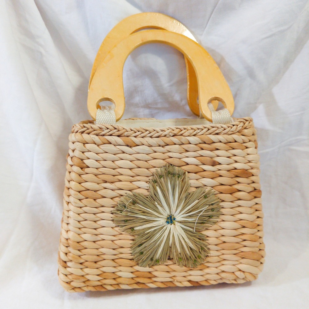 Vintage Faded Glory Straw Handbag Wooden Handle Woven Flower Purse Bag Y2K